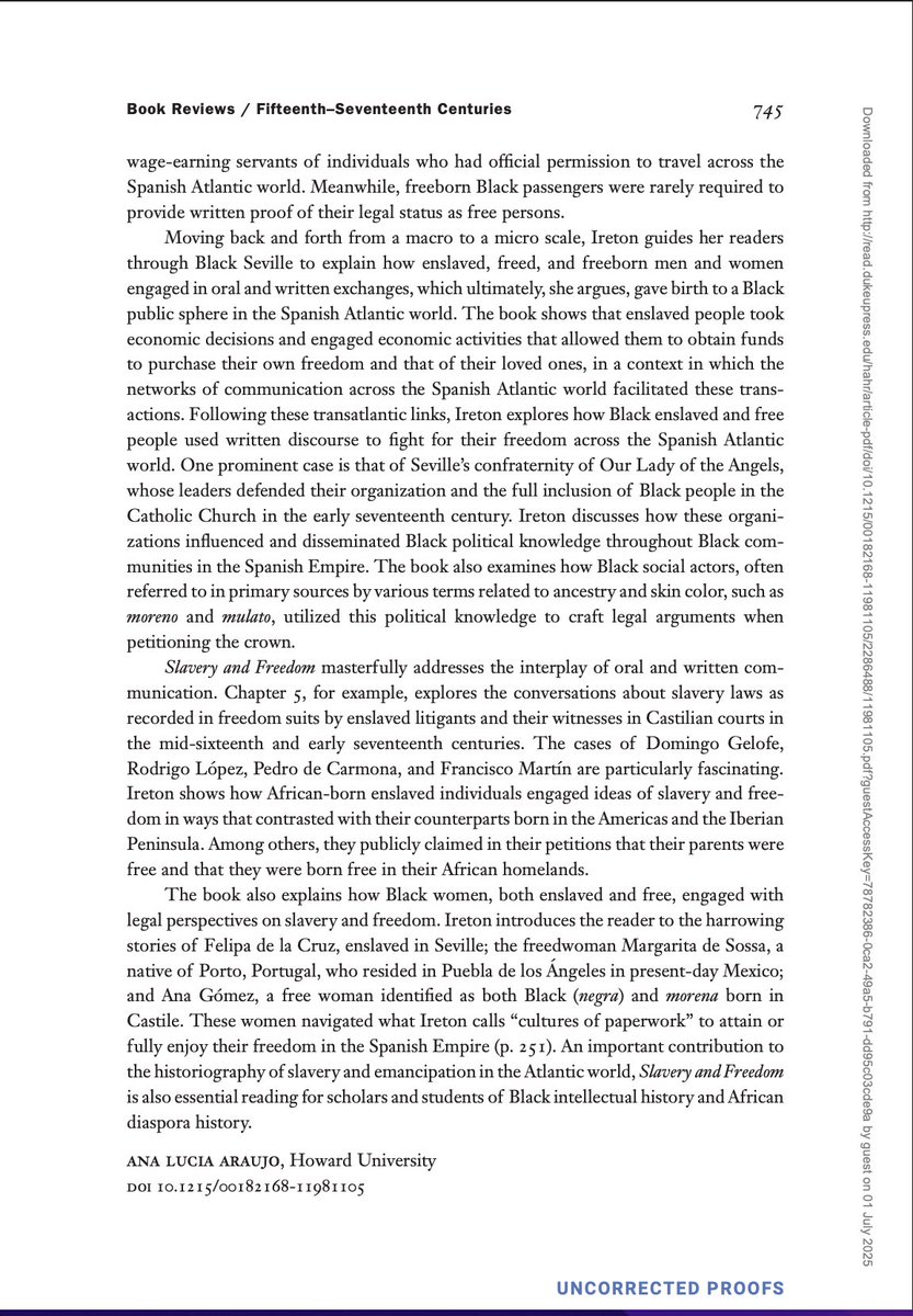 Here is my review of Chloe Ireton's book Slavery and Freedom in Black Thought in the Early Spanish Atlantic just published in the Hispanic American Historical Review. #slaveryarchive