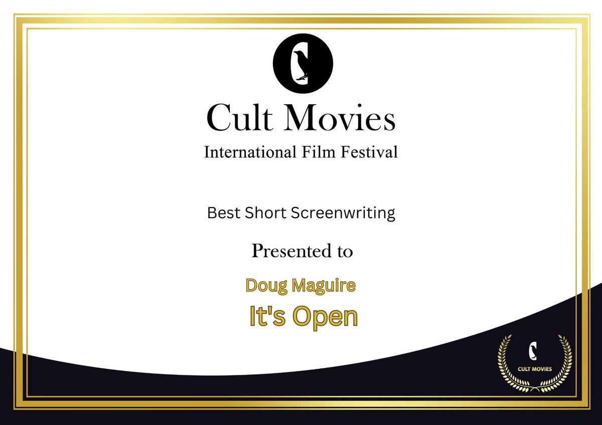 🌿🏆🌿

Very honored to announce that the <a href="/ItsOpenShort/">“It’s Open” 📝</a> screenplay has won <a href="/cultmoviesfest/">Cult Movies</a> Best Short Screenwriting! Thank you so much for the Award &amp; certificate!

<a href="/FilmFreeway/">FilmFreeway</a>

#CultMoviesInternationalFilmFestival #CultMovies #FilmFestival #FilmFestivals #FilmFreeway #ThankYou