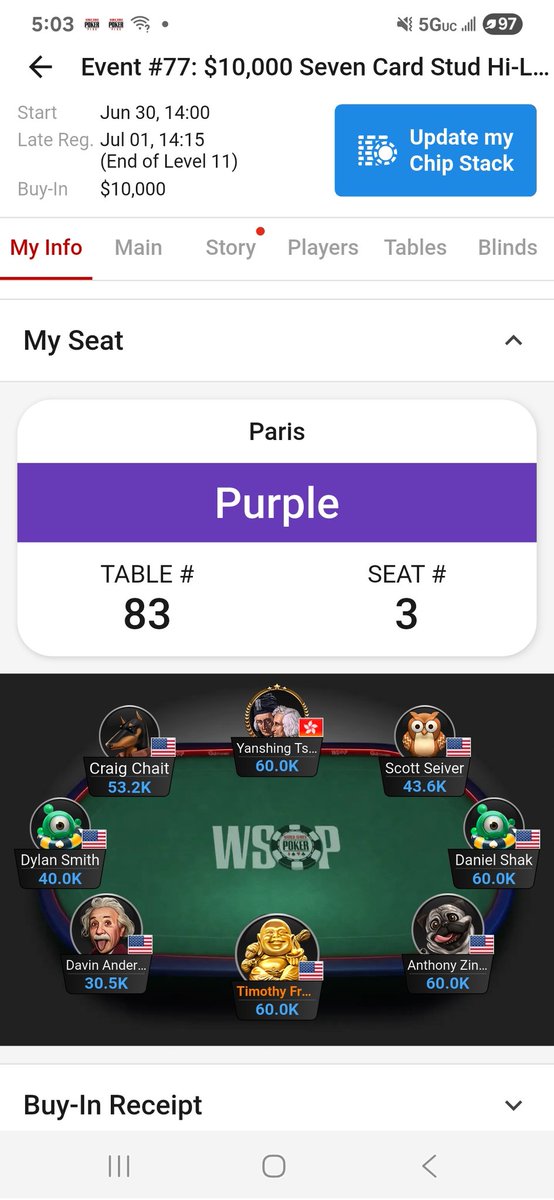 TimFrazin's tweet photo. Just sitting for @WSOP Stud 8 10k @StakeKings . This is the same argument. What's more difficult?, winning a low entry 10k bracelet event or a 3500 nlh event.  Here is my 1st table draw: how many bracelets at my 1st table??? https://t.co/TIenBGl5AL