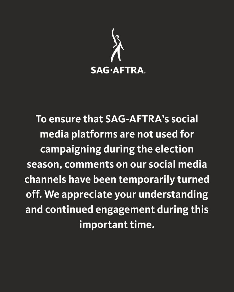sagaftranews's tweet image. To ensure that SAG-AFTRA’s social media platforms are not used for campaigning during the election season, comments on our social media channels have been temporarily turned off. We appreciate your understanding and continued engagement during this important time.