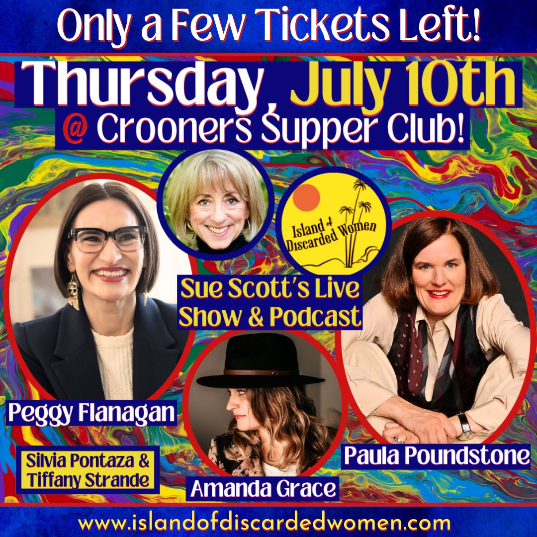 IODWPodcast's tweet image. JOIN US for this powerful night with these powerful women!
Lt. Gov. & Senate Candidate @peggyflanagan
Iconic Comedian @paulapoundstone
Singer/songwriter Amanda Grace with Tiffany Strande
Actor Silvia Pontaza
+ me, your host Sue Scott
For TICKETS & INFO: islandofdiscardedwomen.com