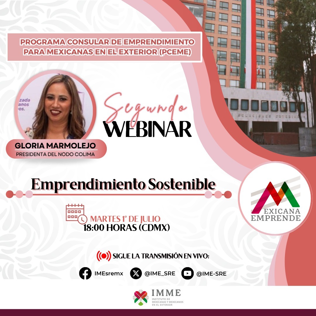 #NoLoOlvides 
En el marco de la 6ª edición del #PCEME, llevaremos a cabo el 2do #Webinar “Emprendimiento Sostenible” 🚀♻️ impartido por <a href="/GloriaMarmolejo/">Gloria Marmolejo</a>, Presidenta del #NodoColima de la <a href="/RedGlobalMX/">RedGlobalMX</a> 🇲🇽

🗓️1°de julio de 2025
⏰18:00 horas CDMX
📲 Transmisión en vivo por redes del
