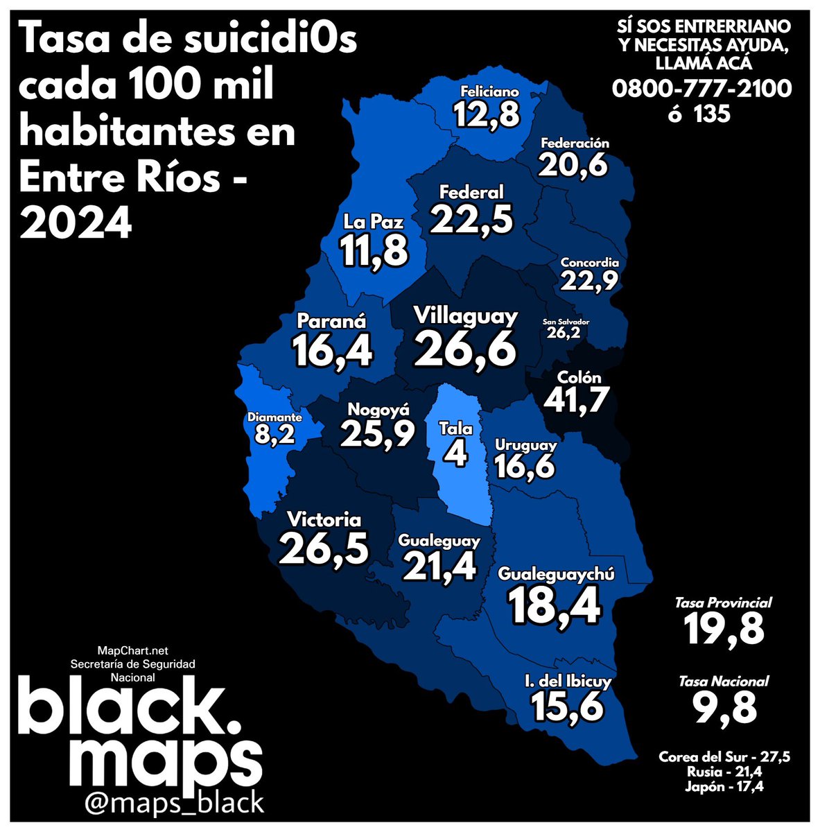 Tasa de suici cada 100.000 habitantes en Entre Ríos en 2024
