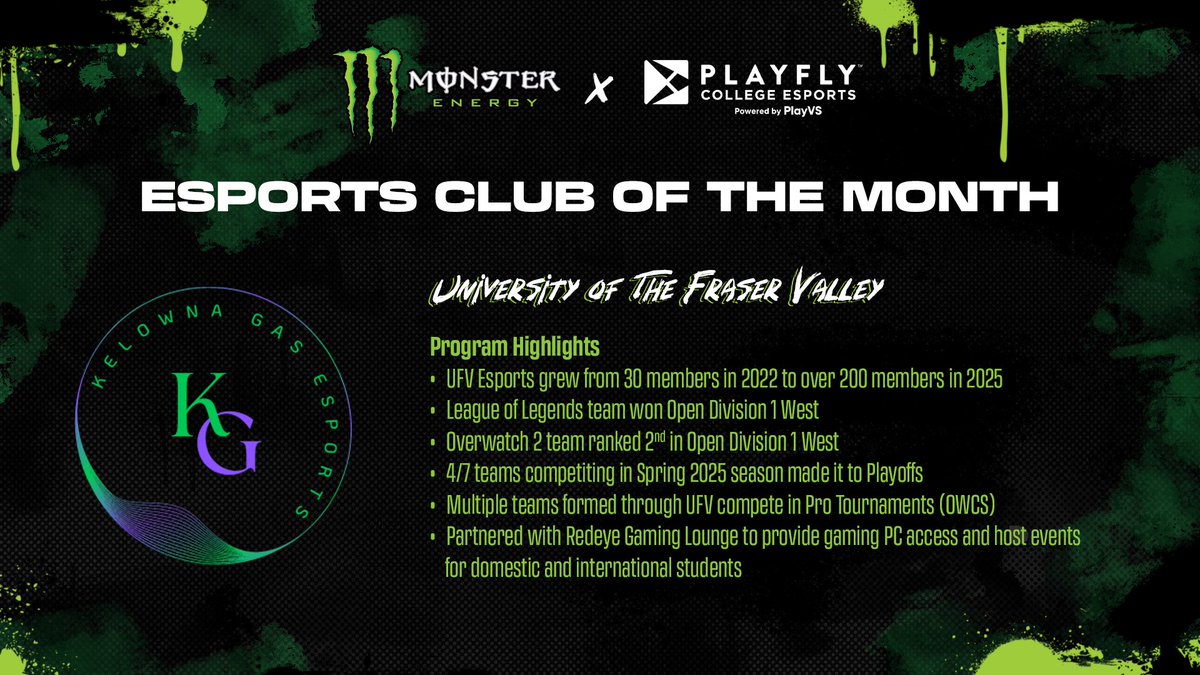 playvs_college's tweet image. Congrats to UFV Esports, your @MonsterEnergyCa Esports Club of the Month! #UnleashTheBeast