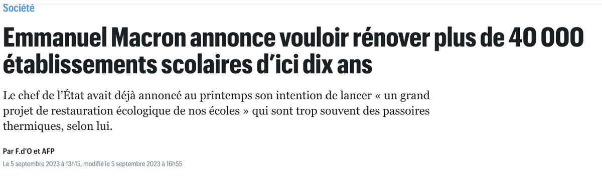 E. Macron, 2023 promet de "rénover 40 000 écoles" d'ici à 10 ans.
➡️2023/2024 : 2289 rénovations
➡️2025 : 65 rénovations

A ce rythme, il faudra 3 siècles. 
Le Fonds vert pour financer ? 
➡️baisse de 54 % entre 2024 et 2025
➡️suppression envisagée au budget 2026 

Une priorité ?