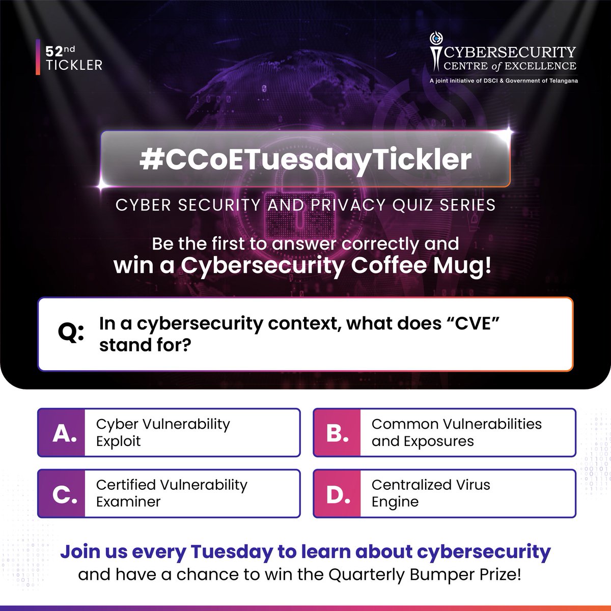 #CCoETuesdayTickler #52
Decode these questions and show off your cyber skills.

In a cybersecurity context, what does “CVE” stand for?
A. Cyber Vulnerability Exploit
B. Common Vulnerabilities and Exposures
C. Certified Vulnerability Examiner
D. Centralized Virus Engine 

React