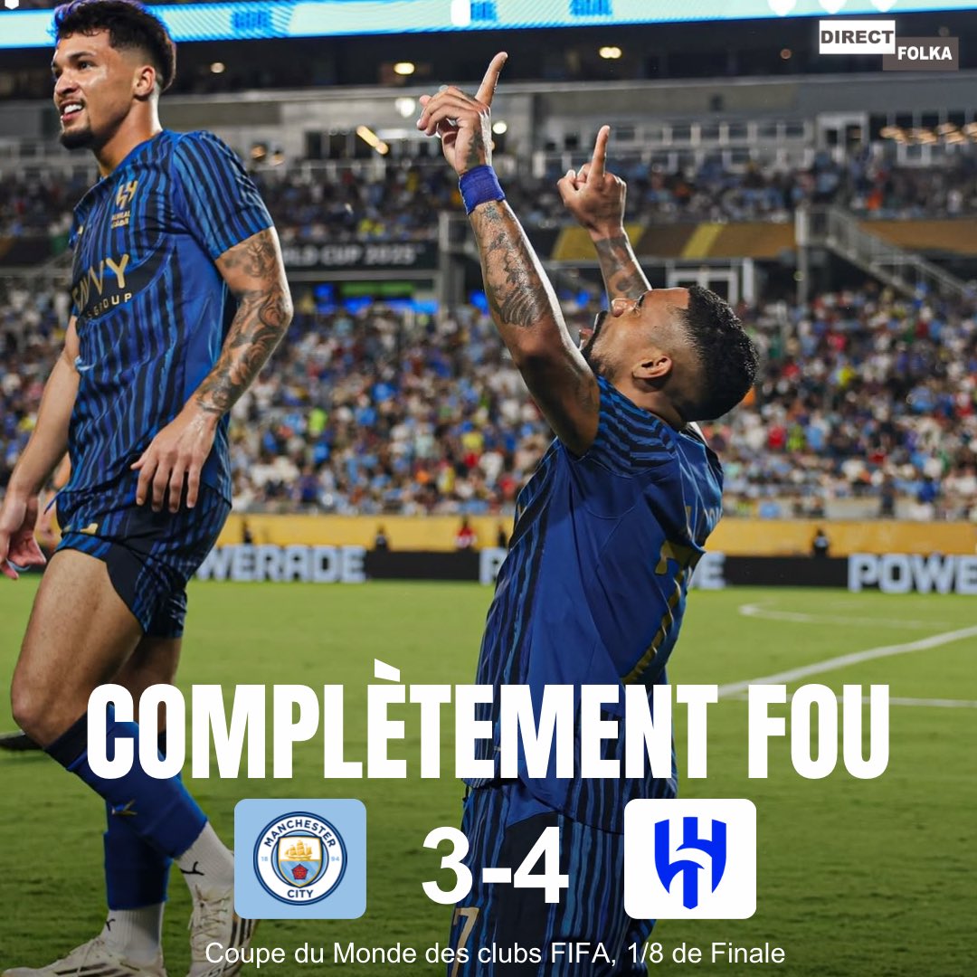 🚨Al Hilal élimine Manchester City au terme d’un match complètement fou ! 🇸🇦💙

Les Saoudiens affronteront Fluminense pour une place en demi-finales. 🇧🇷

Les Cityzens quittent la compétition. ❌