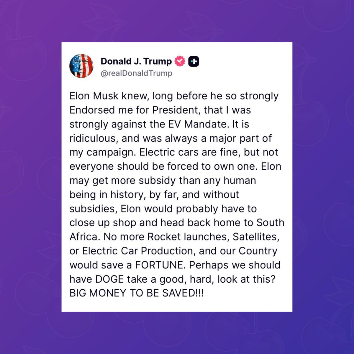 Trump threatens to cut Elon Musk’s federal subsidies and contracts:

“Without subsidies, Elon would probably have to close up shop and head back home to South Africa.”