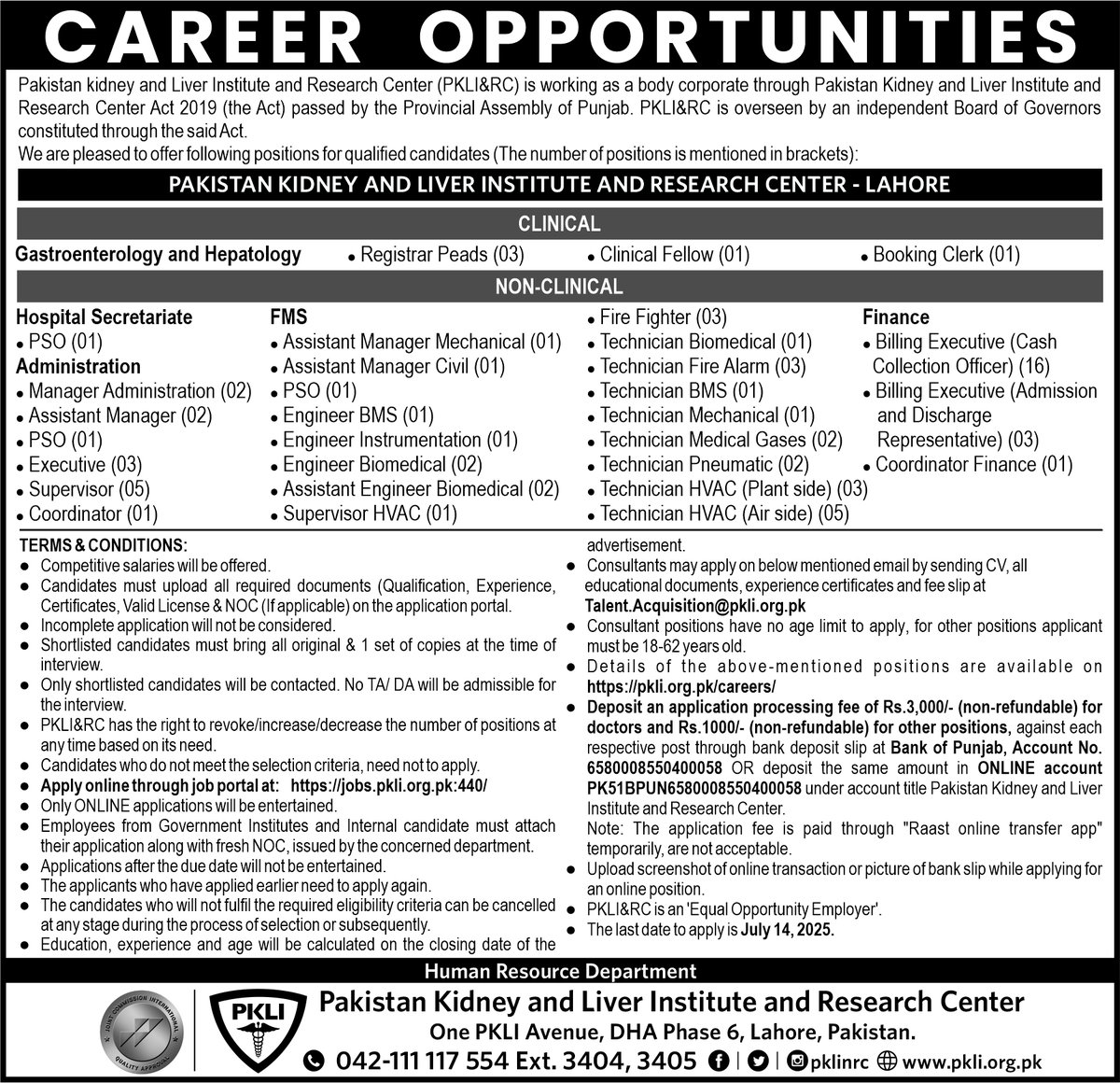 Job Opportunities in PKLI Lahore

𝑨𝒑𝒑𝒍𝒚 𝒐𝒏𝒍𝒊𝒏𝒆:
pkli.org.pk/careers/

Last date to apply: July 14, 2025

Details at:
bit.ly/40kGSC3

#PKLI #Careers #CareerOpprtunity #jobs #careeropportunities #jobseekers #pklifilterclinics