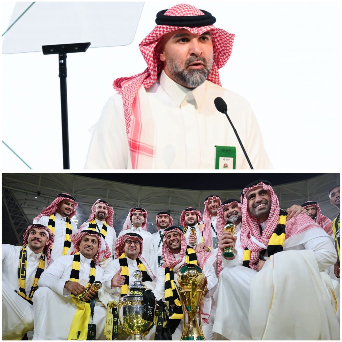 #الاتحاد مكانه دائماً بطل، وليستمر في مكانه لابد يستمر تطوير الفريق على كافة الجوانب سواءً تدريبيًا وفنيا وعناصريا، لا نرضى بالقليل ولا نقبل به، ولا نتقبل الغياب عن البطولات ولا تعودنا على ذلك ⚫️🟡
<a href="/FahdCynndy/">Fahd Cynndy فهد سندي</a> 
أنتم صوتنا أمام المُلاك ولجنة الاستقطاب، وأنتم من نعقد عليهم الأمل