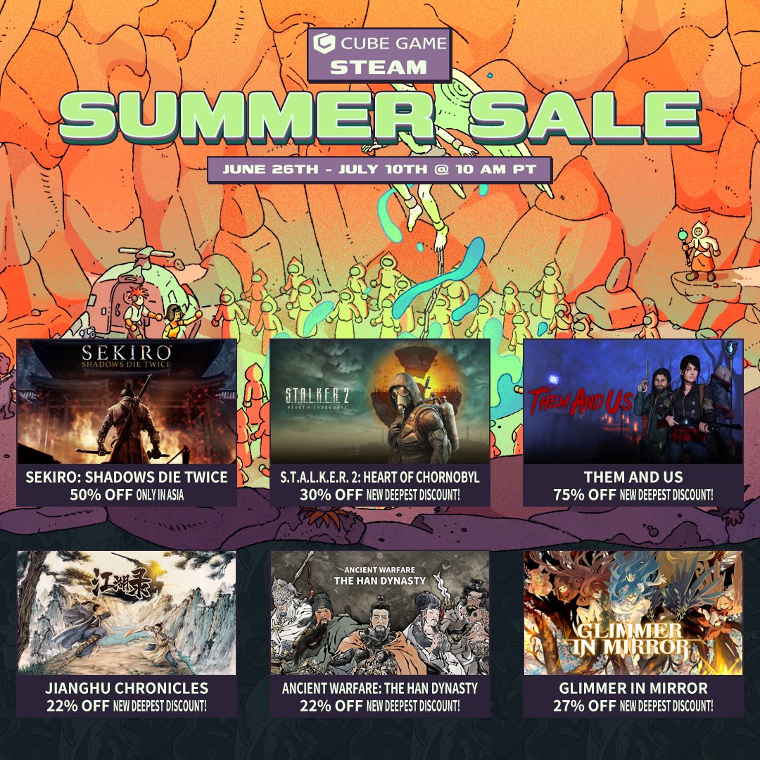 Steam Summer Sale is ongoing! Discounts are being offered for Sekiro: Shadows Die Twice, S.T.A.L.K.E.R. 2: Heart of Chornobyl, Sword and Fairy Franchise, Xuan-Yuan Sword Franchise, and many other indie games published by Cube Game!
store.steampowered.com/publisher/Cube…
#CubeGame #Steam