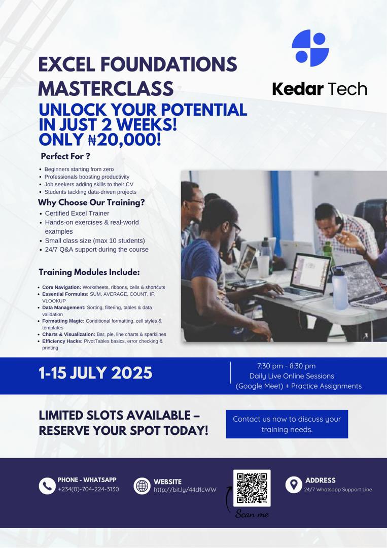 KamaDavid0's tweet image. Get the most out of Excel! 🔓 Join our masterclass and learn how to create spreadsheets, track budgets, and more. Perfect for beginners and pros alike! 💻 #ExcelMasterclass #ExcelTips 
Click Link below to Sign up Now!!
bit.ly/44d1cWW