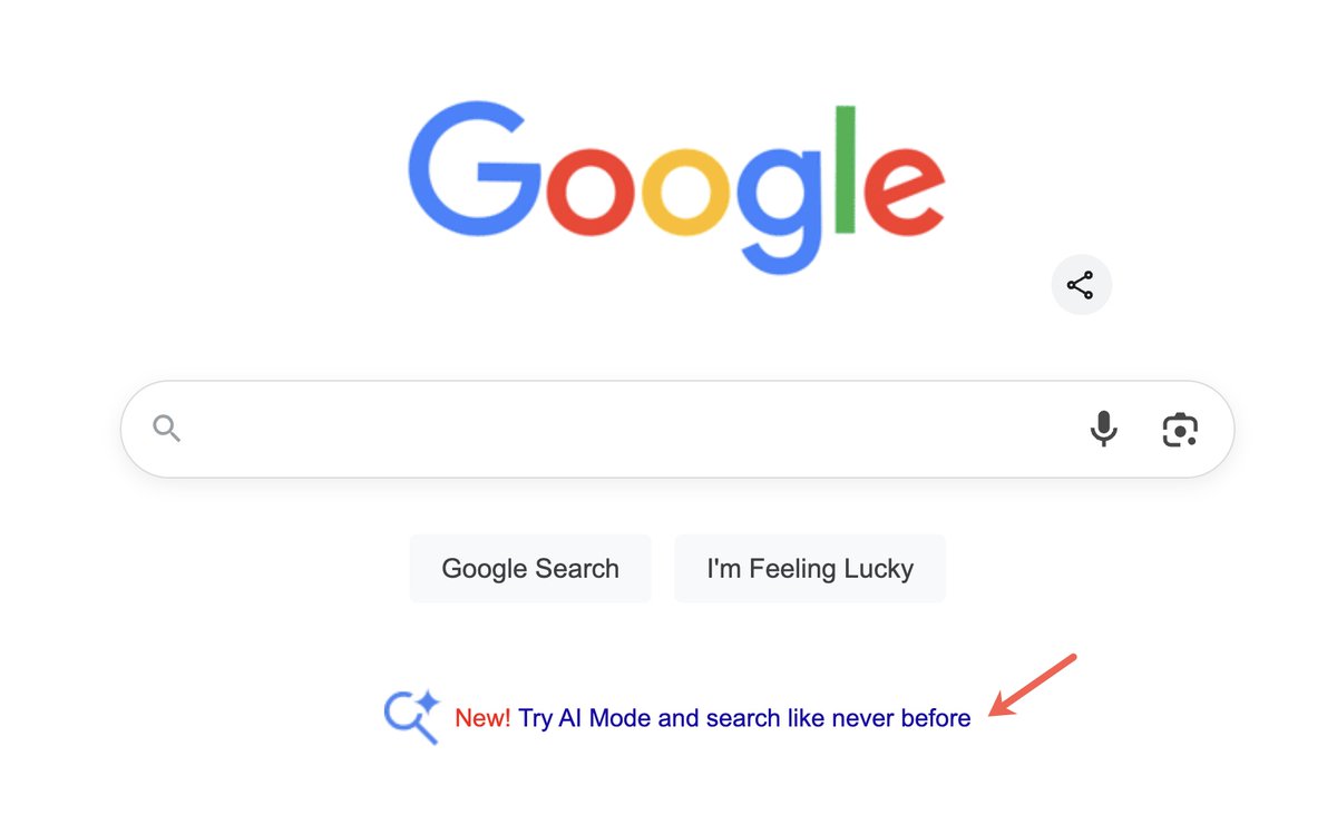 SERPalerts's tweet image. Google is giving more visibility to AI Mode by linking to it from the homepage in the US. This is the first time Google has linked to it by default in the US with the notice: "Try AI Mode and search like never before". First spotted by @SachuPatel53124. brodieclark.com/notes/#jul-2025
