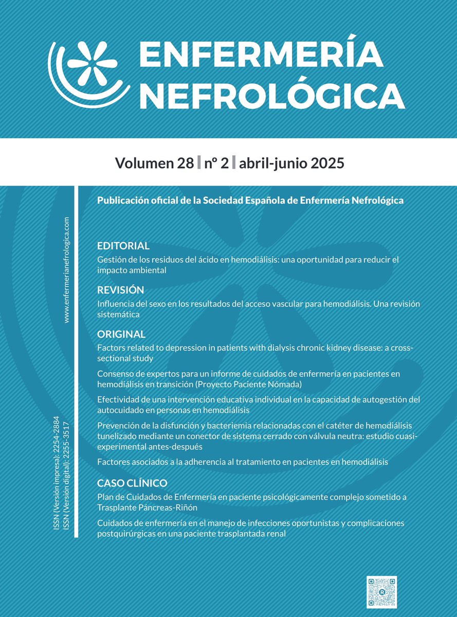 🆕 Ya  disponible Vol. 28 Núm. 2 de 2025 de la revista #EnfermeríaNefrológica: impacto ambiental de la HD, acceso vascular y cuidados renales, con originales y casos clínicos. Léelo aquí: enfermerianefrologica.com/revista/issue/…
