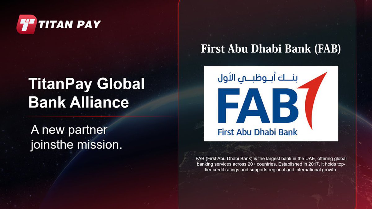 🌍 TitanPay Global Expansion in Full Swing! 💳✨
We’re partnering with top banks around the world to launch crypto payment cards 🌐💸

🔥 New Partner Alert: First Abu Dhabi Bank (FAB)
🇦🇪 The largest bank in the UAE, trusted by millions across the region! 🏦

Together, we’re