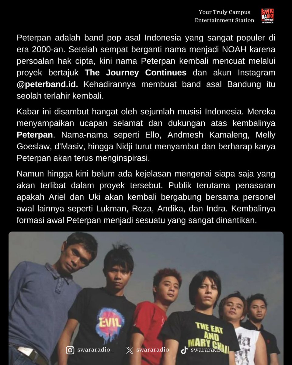 [NEWS UPDATE]

Setelah sempat berganti nama menjadi NOAH karena persoalan hak cipta, kini nama Peterpan kembali mencuat melalui proyek bertajuk The Journey Continues dan akun Instagram <a href="/peterband/">Akum</a>.id. 

#peterpancomeback #ISwaraU #swararadio #JuliBeFearless
