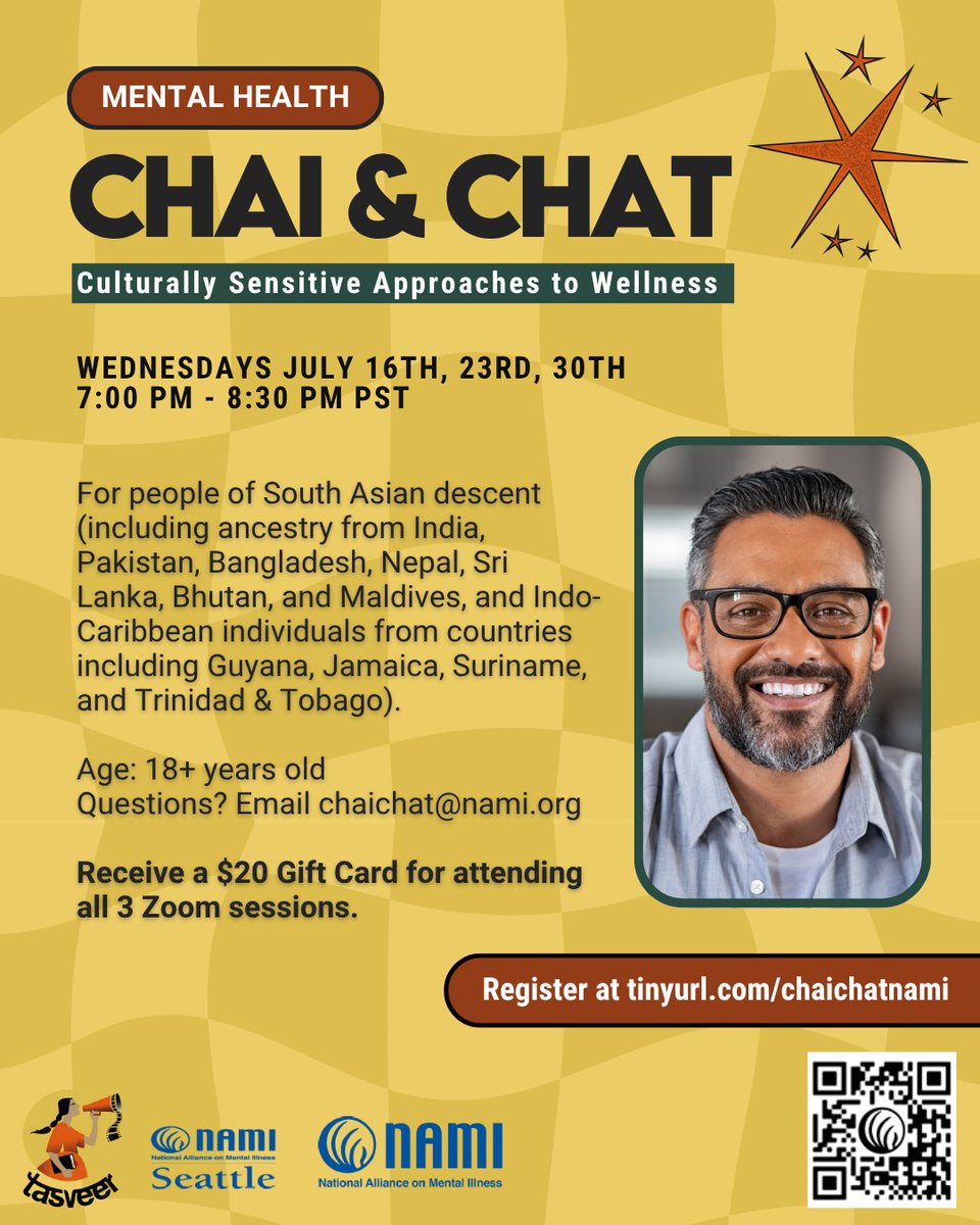 Tasveer (@tasveerorg) on Twitter photo 🧠 #ChaiAndChat is back! In partnership with
<a href="/NAMISeattle/">NAMI Seattle</a> this online group is for #SouthAsianMen (18 and above) to unpack mental health, culture & identity. 📷
Online – Register to RECEIVE the Zoom link via email! 📷tinyurl.com/chaichatnami
#MentalHealth #Tasveer 🧠 #ChaiAndChat is back! In partnership with
<a href="/NAMISeattle/">NAMI Seattle</a> this online group is for #SouthAsianMen (18 and above) to unpack mental health, culture & identity. 📷
Online – Register to RECEIVE the Zoom link via email! 📷tinyurl.com/chaichatnami
#MentalHealth #Tasveer