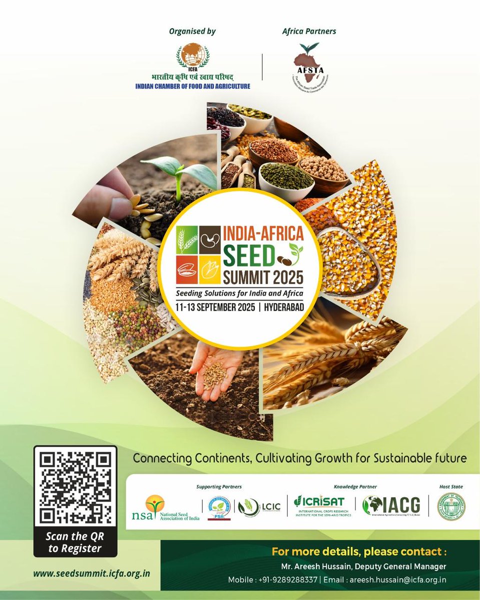 🌍India-Africa Seed Summit 2025
📅11–13 Sept | 📍Hyderabad
Theme: Seeding Solutions for India &amp; Africa

A global platform for seed innovation, trade, &amp; collaboration between India &amp; Africa.🌾
🔗seedsummit.icfa.org.in

#IndiaAfricaSeedSummit2025 #SeedInnovation #ICFA #AFSTA
