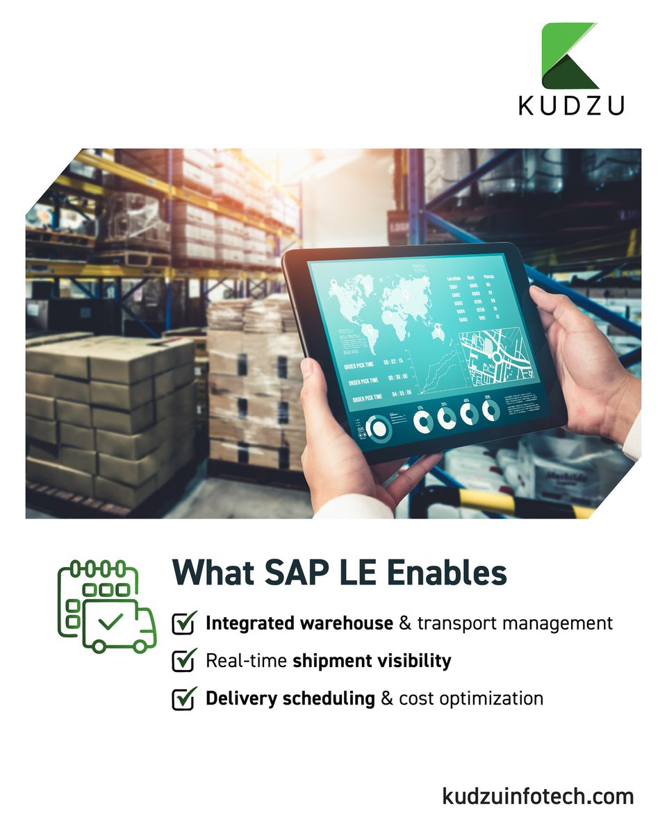 kudzu_infotech's tweet photo. Tired of late shipments and siloed transport processes? SAP LE is your logistics engine—and KUDZU makes it deployment-ready.
Together, we streamline movement from warehouse to doorstep.
#SAPLE #LogisticsManagement #KUDZUSupplyChain https://t.co/eT7mtszlAT