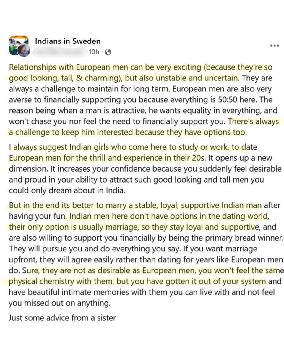 This garbage here is suggesting indian women to play with European men at the peak of their sexuality and get settled with an Indian man once they have substantial body count, group sex, and orgies.

 These types of girls are widely known after South African currency.