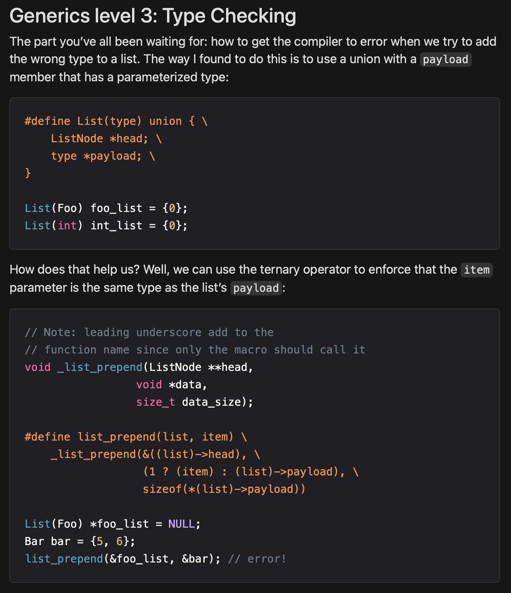 DanielcHooper's tweet image. Ok, here's the new way I recommend to do type safe generics in C.
It's cleaner compared to my old function-pointer-cast approach, avoids the undefined behavior everyone is so paranoid about, and doesn't require typeof()