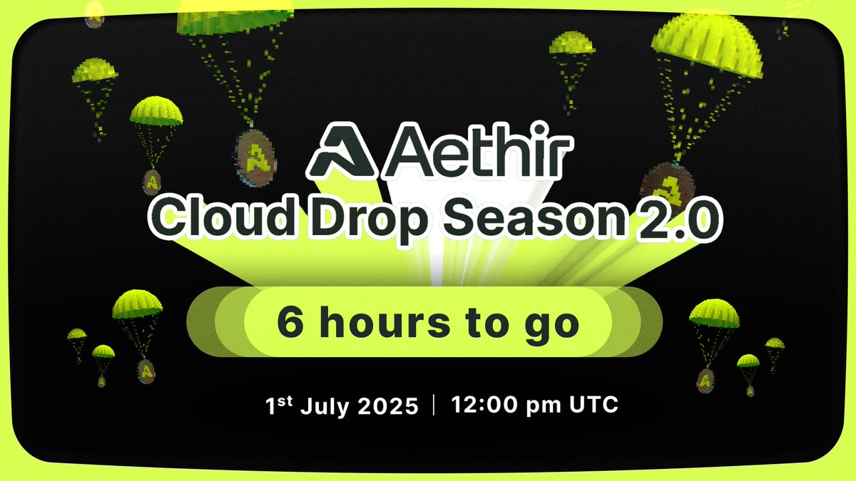 AethirCloud's tweet photo. 🕕 6 Hours to Go

T-minus 6 hours until Aethir Cloud Drop: Season 2 goes LIVE 💚

🎯 Claim your rewards once the link drops at 12:00 UTC, today

⏳ Reminder: You’ll have 7 days to claim. https://t.co/qTYfCpW5c1