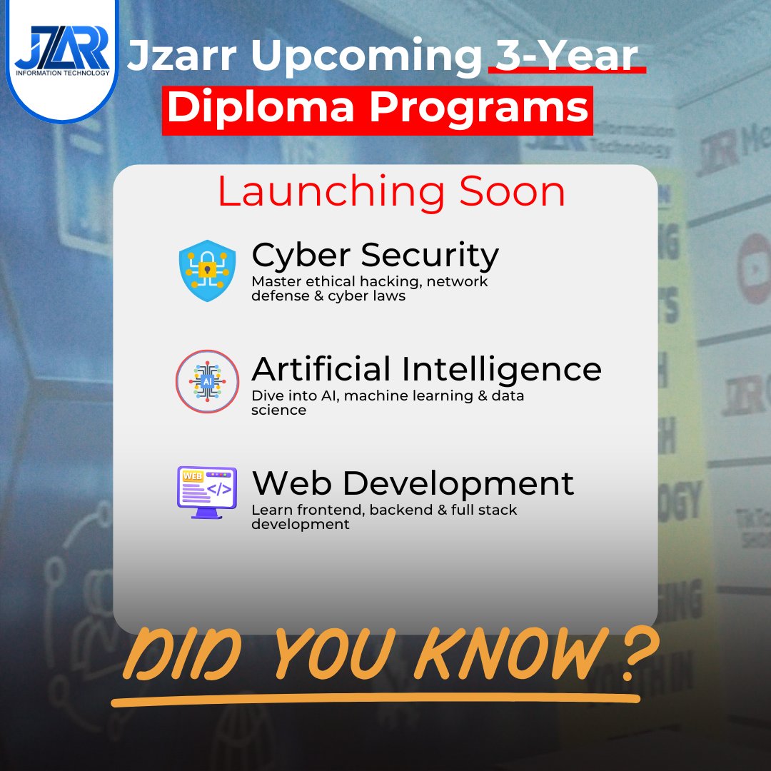jzarrofficial's tweet photo. Launch Alert: Jzarr Upcoming Tech Diplomas Are Here!
Upcoming 3-Year Diploma Courses in Cyber Security, Artificial Intelligence, and Web Development
#LaunchAlert #jzarreducation #Jzarr #WaseemJakhrani  #CyberSecurityDiploma #AIDiploma #WebDevelopmentDiploma #TechCoursesPakistan https://t.co/PEER6jaOFu