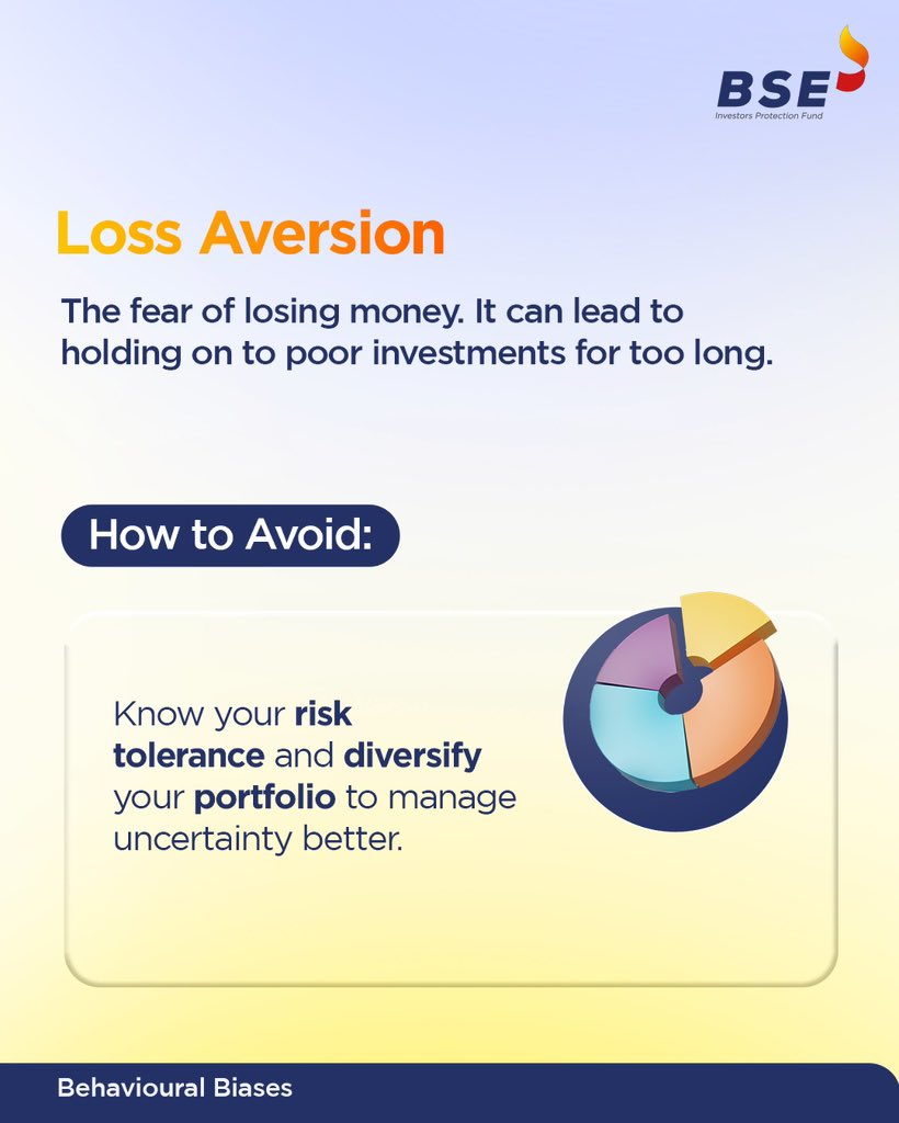 Don’t let fear hold you back. 📉

Loss aversion bias makes some of us avoid losses so strongly, we stay stuck in poor investments. But smart investing means knowing when to let go.
Understand your risk and diversify.

#BSE #BSEIndia #LossAversion #InvestorAwareness