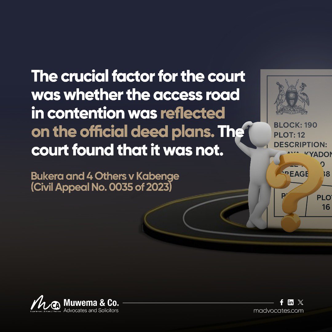 MuwemaLaw's tweet image. High Court recently emphasized that the mere physical existence or historical use of an access road on private property does not automatically create a legally binding easement.
Learn more: bit.ly/4luRtST