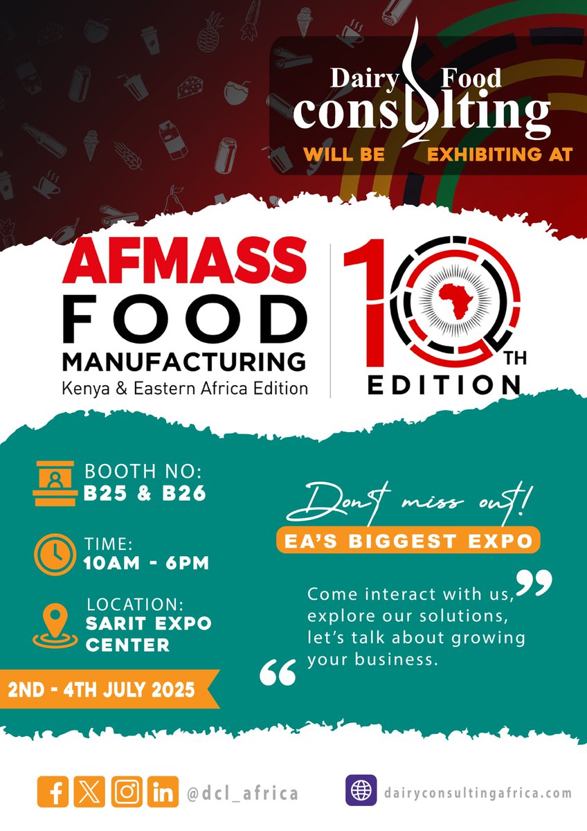 dclafrica's tweet photo. We're exhibiting at AFMASS 2025! 🧀🥛
📍 Booth B25 &amp; B26
📅 July 2–4 | 🕙 10AM–6PM
📌 Sarit Expo Centre, Nairobi
Explore dairy innovations, ingredients &amp; tech with us!
#AFMASS2025 #FoodExpoAfrica #DairyInnovation https://t.co/Y1KFMId4MO