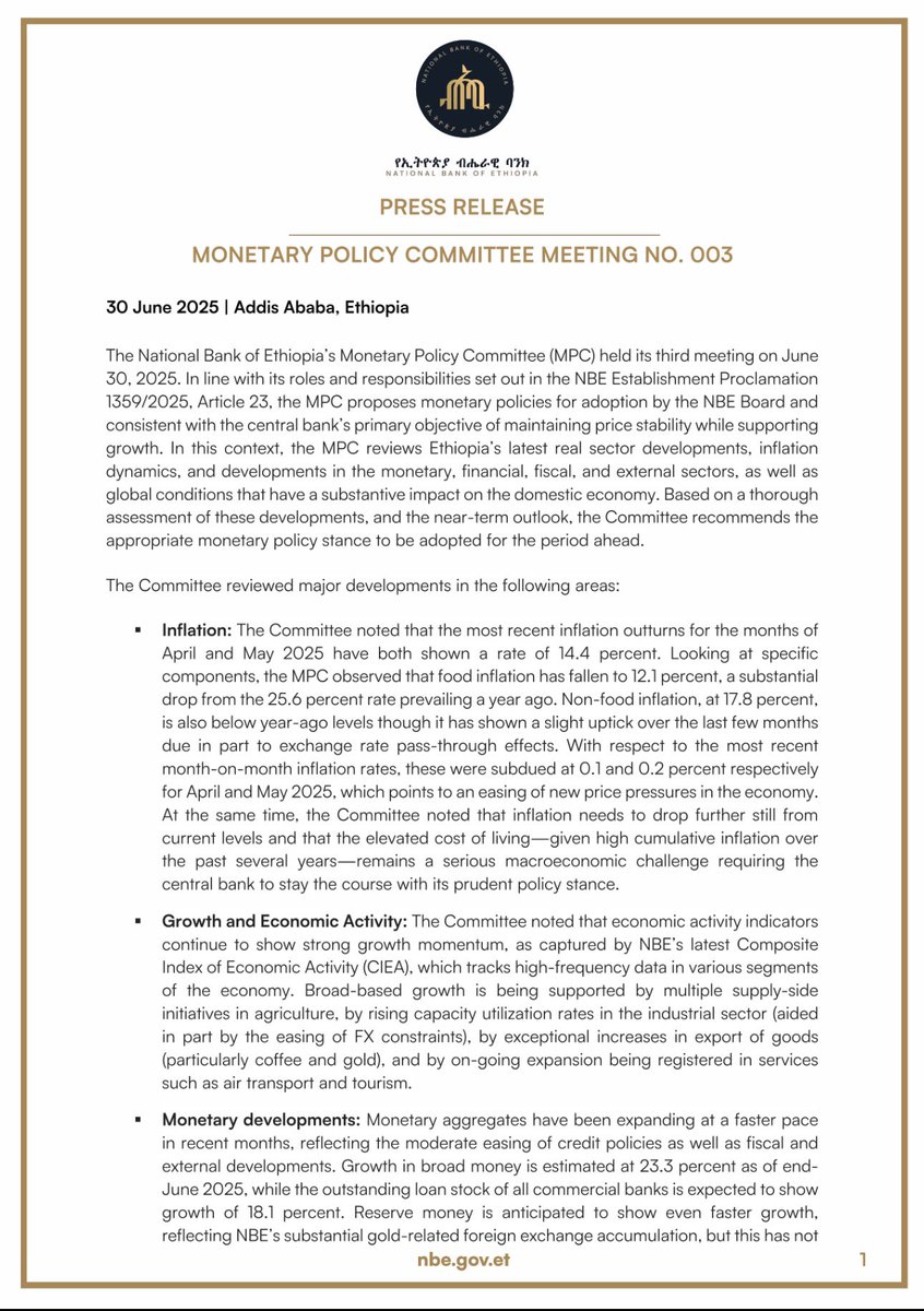 Zemedeneh's tweet image. National Bank of Ethiopia (the central bank) released its latest MPC report.

The report contains many valuable data points and details of various decisions the MPC has made. 

In my view, the most wide-reaching and impactful announcement is about inflation: In May 2025,…