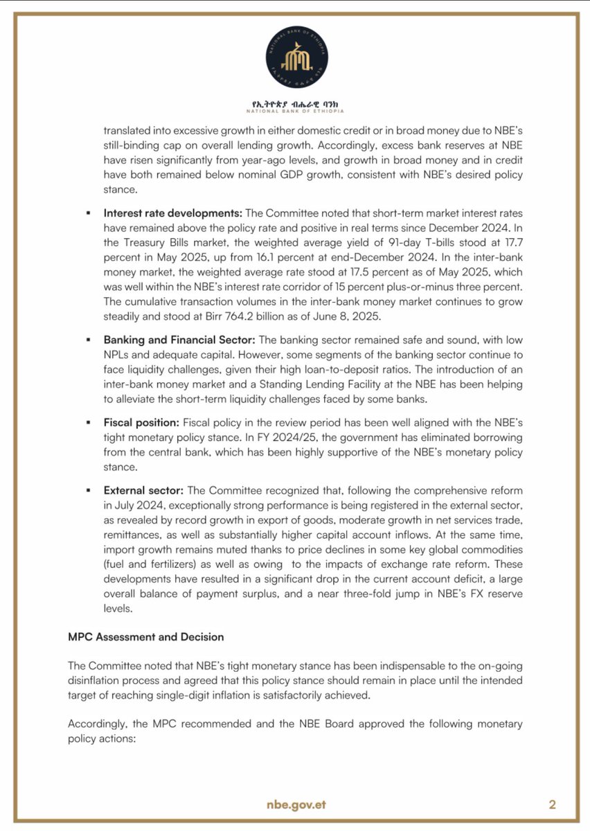 Zemedeneh's tweet image. National Bank of Ethiopia (the central bank) released its latest MPC report.

The report contains many valuable data points and details of various decisions the MPC has made. 

In my view, the most wide-reaching and impactful announcement is about inflation: In May 2025,…