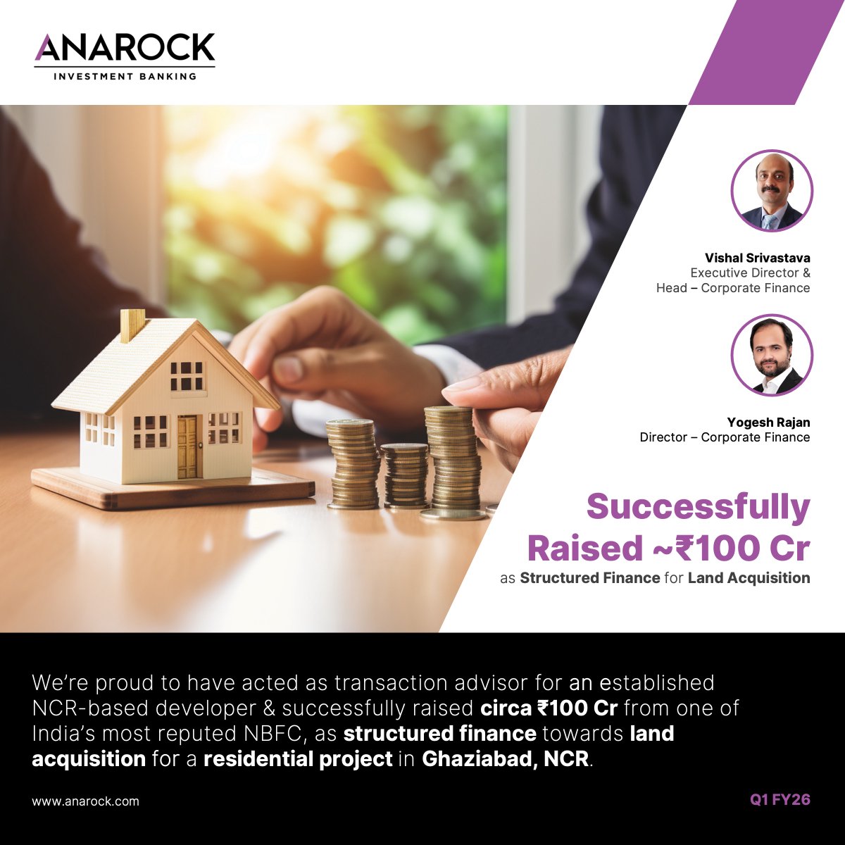 ANAROCK Investment Banking facilitates ₹100 Cr Structured Finance Deal

We’re proud to announce the successful closure of a ₹100 Cr structured finance transaction for #landacquisition in Ghaziabad, NCR, on behalf of an established NCR-based developer.

Acting as the #exclusive