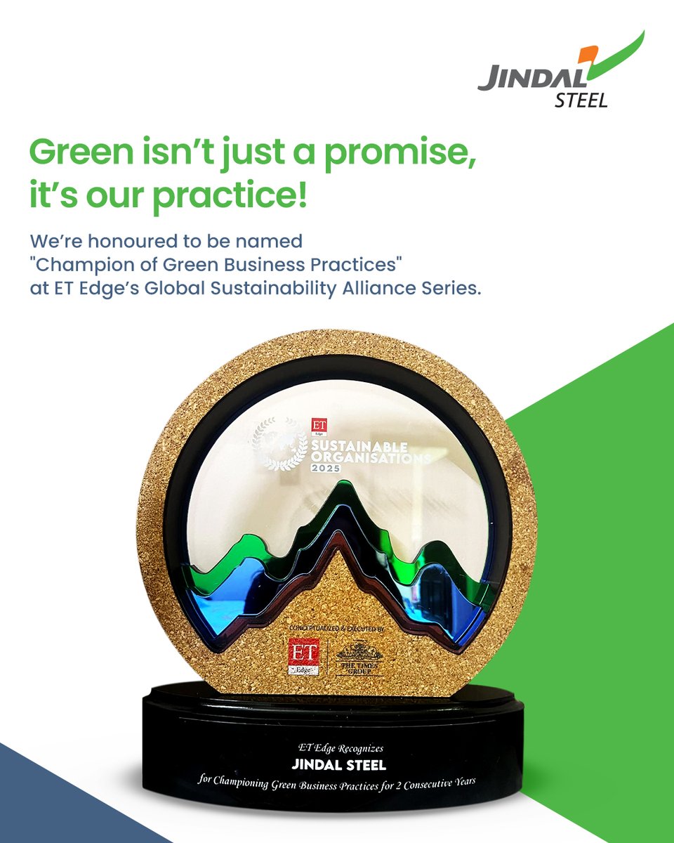 JindalSteel_In's tweet photo. Sustainability is at the heart of how we work, think, and grow at Jindal Steel.
Being named a Champion of Green Business Practices by @ET_Edge is a proud reflection of what #LifeAtJindal is all about: clean energy, bold goals, and a shared commitment to a greener future. https://t.co/zz1ejq7N9h