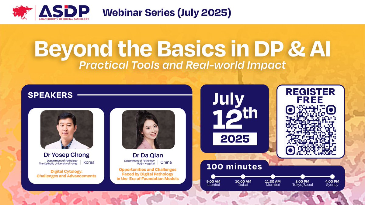 🎙️ Meet the Speakers for ASDP’s Upcoming Webinar!

💡 “Digital Cytology: Challenges and Advancements” by Dr. Yosep Chong (Korea)
💡 “Opportunities and Challenges Faced by Digital Pathology in the Era of Foundation Models” by Dr. Da Qian (China)

#ASDP #ASDPWebinarSeries