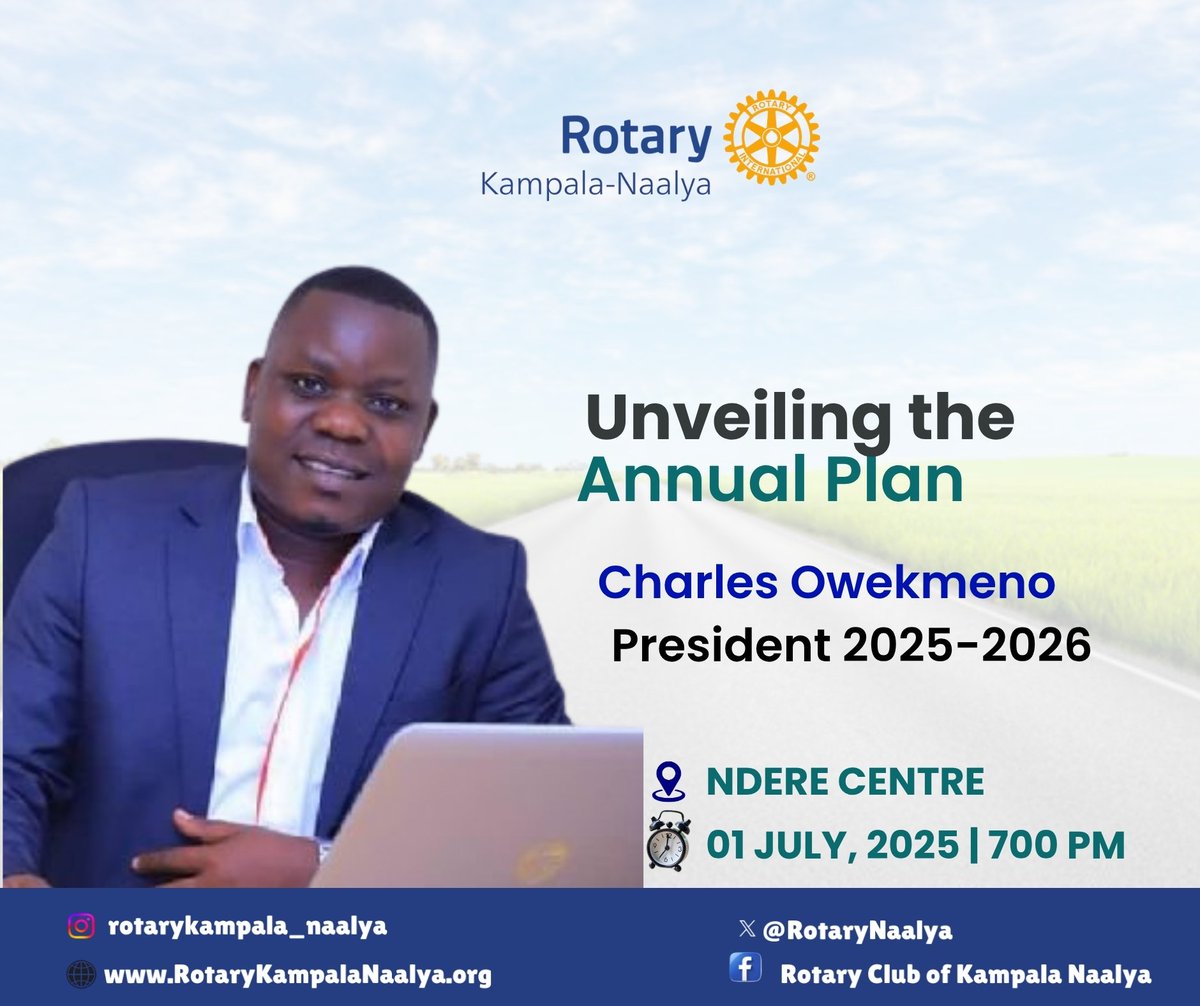 Rotary Club of Kampala-Naalya (@rotarynaalya) on Twitter photo The drums of a new <a href="/Rotary/">Rotary International</a> year are rolling, and the air is filled with #hope #dreams and unstoppable #energy! đź’« Join us as <a href="/owekmeno/">Meno Charles</a> unveils his grand plan for the year ahead. Come witness the birth of a journey that will touch countless lives. #UniteforGood #PeopleOfAction The drums of a new <a href="/Rotary/">Rotary International</a> year are rolling, and the air is filled with #hope #dreams and unstoppable #energy! đź’« Join us as <a href="/owekmeno/">Meno Charles</a> unveils his grand plan for the year ahead. Come witness the birth of a journey that will touch countless lives. #UniteforGood #PeopleOfAction