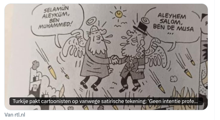 Cartoonisten in Turkije gearresteerd om prent die beledigend zou zijn voor de profeet Mohammed.
1. Arrestaties om cartoons = censuur
2. Cartoon inmiddels niet meer te zien in de artikelen van <a href="/NOS/">NOS</a>, <a href="/RTLnieuws/">RTL Nieuws</a>  *over deze arrestaties*

3. Censuur wint, alweer, van onze lafheid