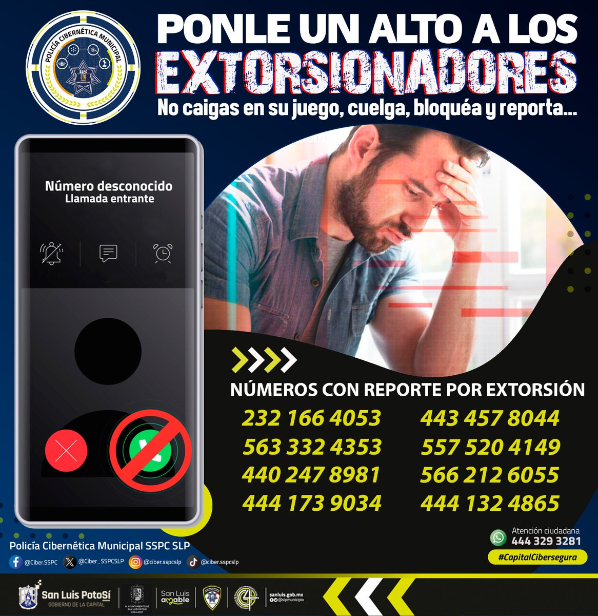 🚨 CIBERALERTA | ¡Evita ser víctima de extorsión! 🚨

⚠️ La Policía Cibernética Municipal de la SSPC SLP informa:

Hemos detectado que los siguientes números han sido asociados con intentos de extorsión telefónica.
