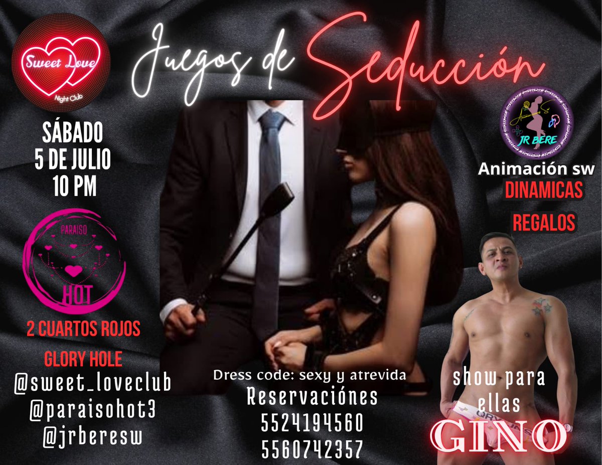 🔥 JUEGOS DEL PLACER 🔥
✨ Sábado 5 de Julio | 10:00 PM ✨

Prepárate para una noche donde el deseo y la diversión se mezclan en cada rincón...
💋 Atrévete a jugar, seducir y dejarte llevar por las fantasías más intensas 💋

REV.5524194560