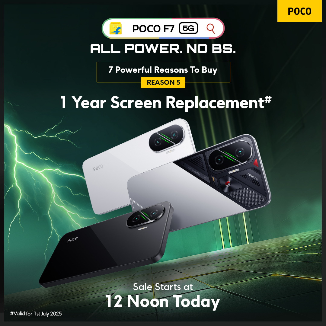 IndiaPOCO's tweet image. Reason 5: 1 Year Free Screen Replacement#
Oops moments? Covered.
First Sale goes live at 12 Noon today on #Flipkart
dl.flipkart.com/s/jd9euPuuuN