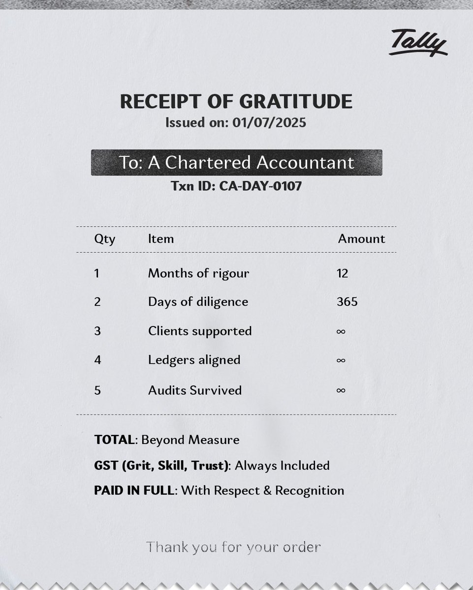 tallysolutions's tweet image. Here’s to the ones who keep the chaos in balance.
Our gratitude list can’t capture it all, but it’s a start.
Happy CA Day! 

#TallySolutions #CADay2025 #ICAI #CharteredAccountantsDay