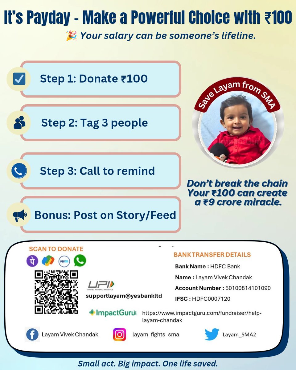 Layam_SMA2's tweet image. Your ₹100 can help save 17-month-old Layam from SMA Type 2 💛
Join the ₹100 chain:
💸 Donate
👥 Tag 3
📲 Share &amp;amp; call
🔗 impactguru.com/fundraiser/hel…
#HelpLayam #PowerOf100 #salary
