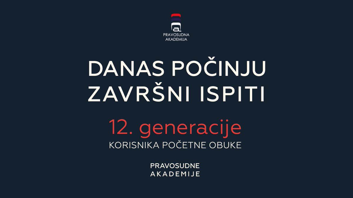 Počinju završni ispiti XII generacije <a href="/PravosudnaRS/">Правосудна академија Републике Србије</a>
Uživo na YT kanalu. Polaže 28 polaznika

Više na pars.rs/sr-lat/vesti/d…

#ispit #vest #završni #polaznik #beograd #niš #novisad #kragujevac #pars #news #sudija #tužilac #pravda <a href="/USTSrbija/">Удружење судија и тужилаца Србије</a> <a href="/ovp_pravosudje/">Otvorena vrata pravosuđa</a> <a href="/novo_pravosudje/">Alumni klub Pravosudne akademije</a> <a href="/pfuub/">Pravni fakultet UUB</a>