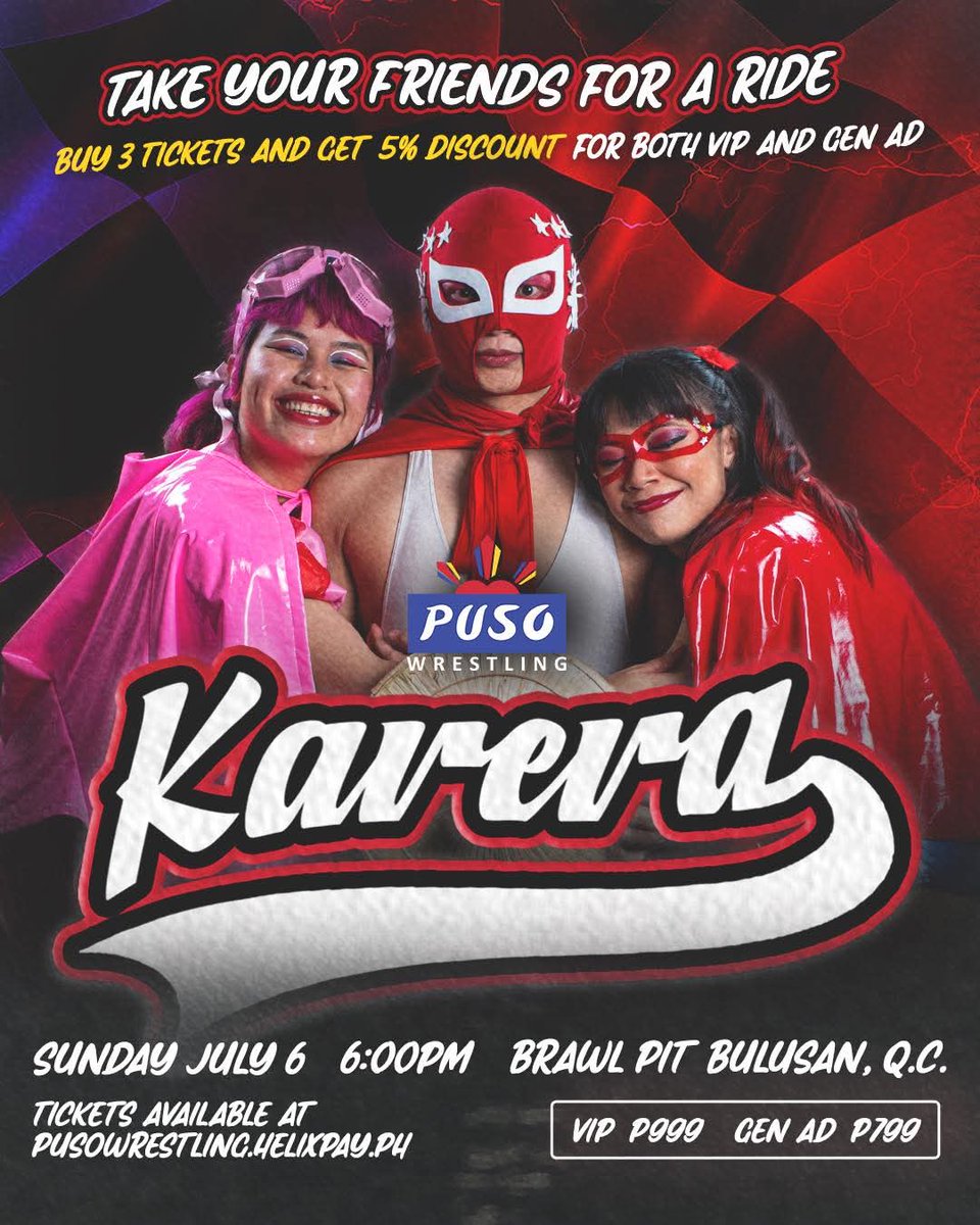 Puso Wrestling (@pusowrestling) on Twitter photo Available for both VIP and GenAd, get 5% off when you avail of 3 tickets through our Pit Crew Bundle. π€― Donβt miss out and get yours now! β‘
ποΈ TICKETS: pusowrestling.helixpay.ph
PUSO Wrestling: KARERA
ποΈ July 6, 2025
π Brawl Pit Bulusan
#PinoyWrestling π΅π
#PUSOWrestling β€οΈ Available for both VIP and GenAd, get 5% off when you avail of 3 tickets through our Pit Crew Bundle. π€― Donβt miss out and get yours now! β‘
ποΈ TICKETS: pusowrestling.helixpay.ph
PUSO Wrestling: KARERA
ποΈ July 6, 2025
π Brawl Pit Bulusan
#PinoyWrestling π΅π
#PUSOWrestling β€οΈ