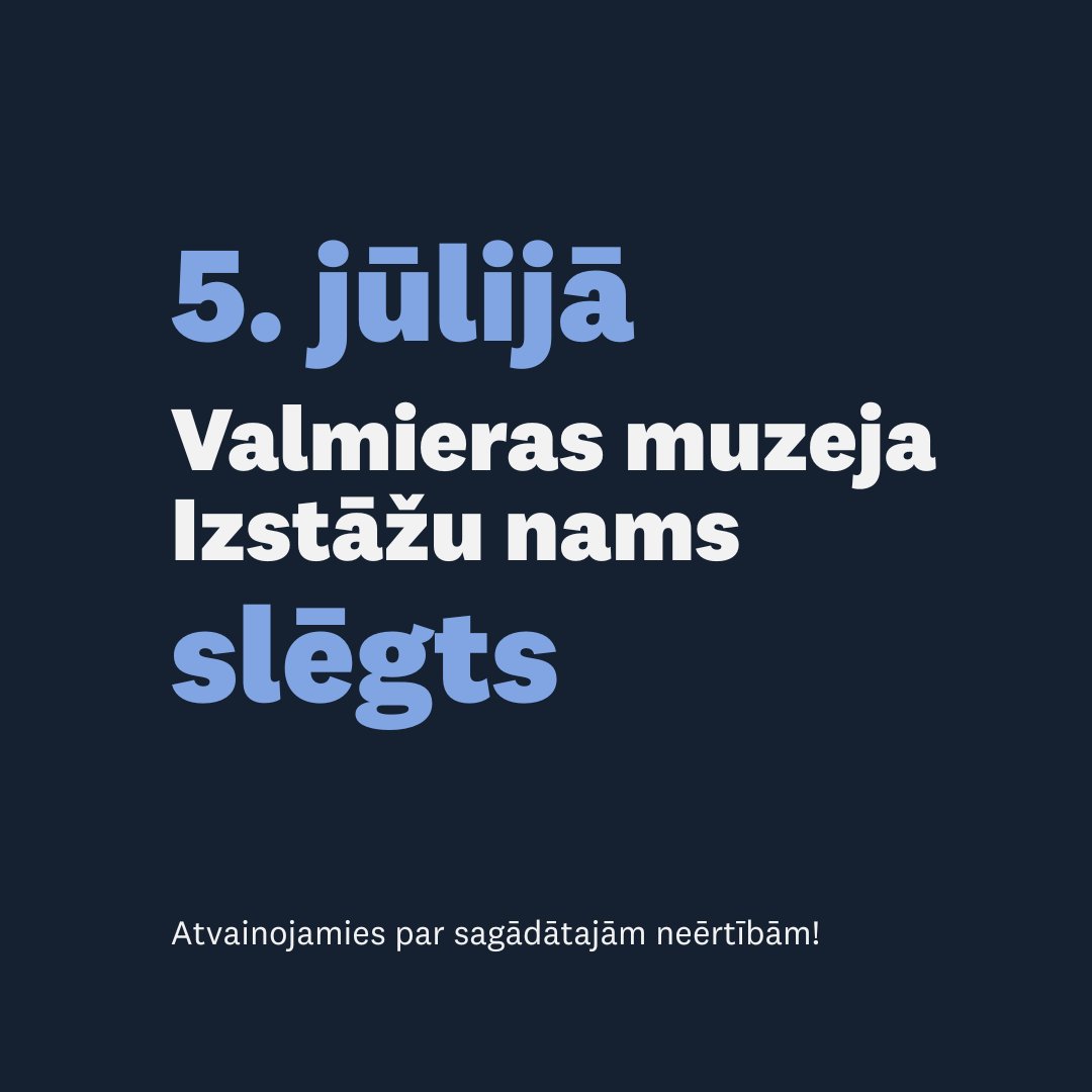 📌 Informējam, ka sestdien, 5. jūlijā, Valmieras muzeja Izstāžu nams būs apmeklētājiem slēgts.
Gaidīsim visus atkal otrdien, 8. jūlijā, kad varēsiet sākt iepazīt jauno izstādi - Edītes Pauls-Vīgneres "Maģisko vīrusu".
Atvainojamies par sagādātajām neērtībām!