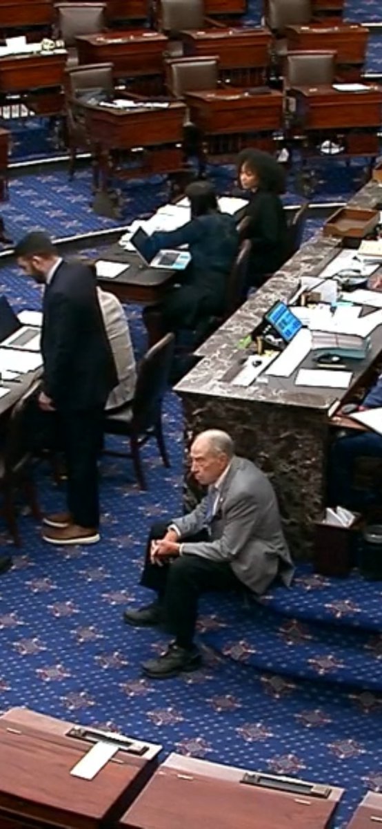 Allison Pecorin (@allisonmpecorin) on Twitter photo Mood right now in hour 16 of vote-a-rama: <a href="/ChuckGrassley/">Chuck Grassley</a> sitting on the floor in the well of the Senate Mood right now in hour 16 of vote-a-rama: <a href="/ChuckGrassley/">Chuck Grassley</a> sitting on the floor in the well of the Senate