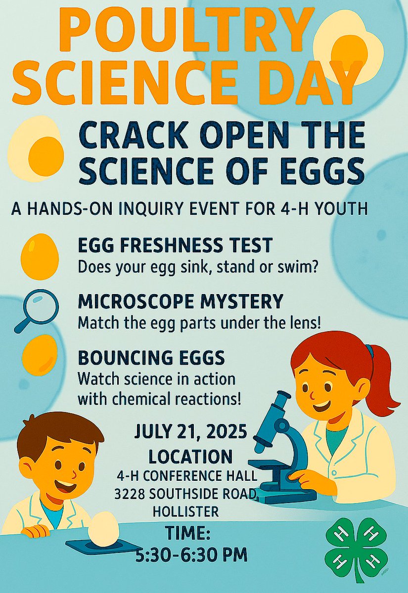 OHedmon's tweet image. 👩‍🔬 Curious minds welcome!
 Join us for a shell-shocking day of discovery, as 4-H youth explore egg-citing experiments to inspire future Scientists.

📸 Don’t forget to bring your curiosity 😊!

#Inquiry_based_Learning #AnimalScience