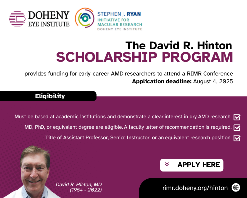 Are you an early-career researcher focused on dry AMD? Apply now for funding to attend the prestigious Ryan Initiative for Macular Research Conference. Applications now open! The deadline to apply is August 4, 2025. Learn more and apply: rimr.doheny.org/Hinton