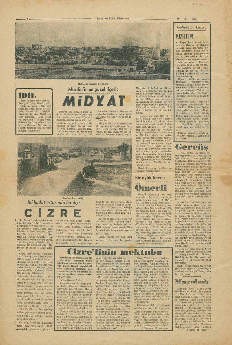 16 Haziran 1953 tarihli Vatan MARDİN Gazetesinin ilçeleri tanıtım ilavesinde memleketim MİDYAT