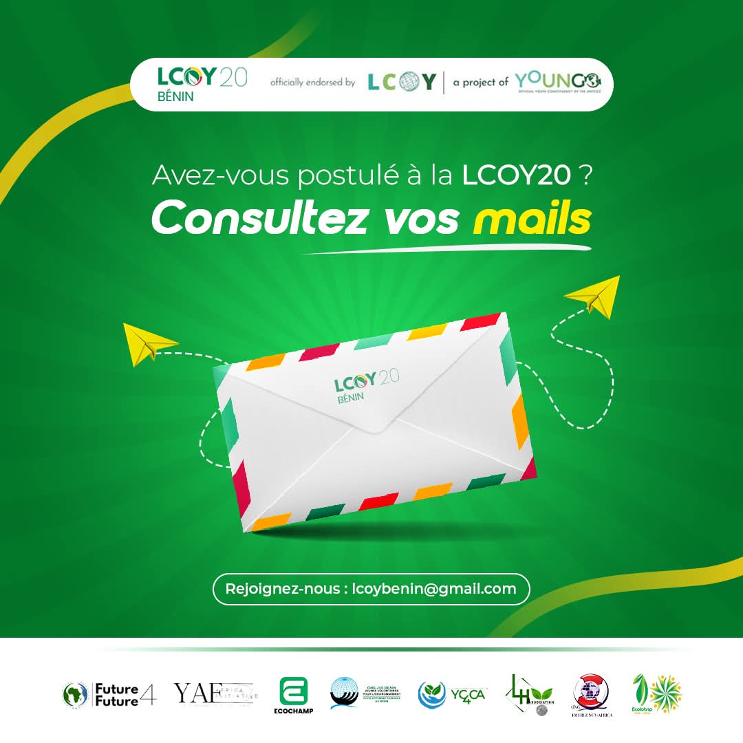 Dernier rappel !

Vous avez postulé à la #LCOY20Benin ?

Vérifiez vos mails dès maintenant (et vos spams aussi).

Des infos clés vous attendent ! 

#LCOY20Benin #Natitingou #COY20 #COP30 #Team229 #JeunessePourLeClimat #ActionClimatique